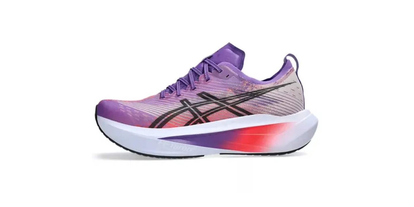 Asics Gel-Nimbus 25 women's running shoe in purple and coral with white midsole and black Asics logo, lateral view