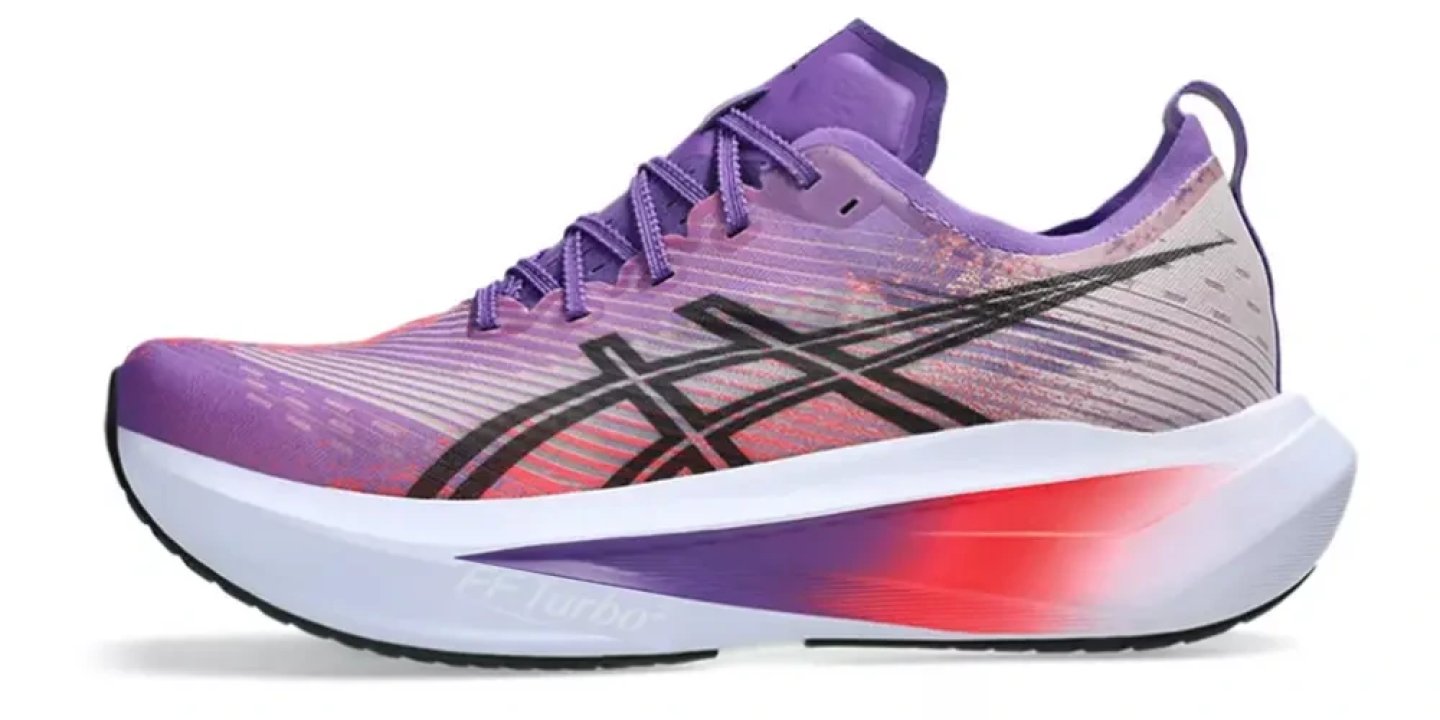 ASICS Metablast 1 running shoe in purple, pink and red with FF Turbo midsole and black ASICS logo, lateral view