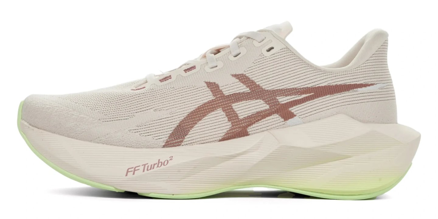 ASICS Novablast 6 running shoe in cream and rose with lime green outsole and FF Turbo² midsole, lateral view