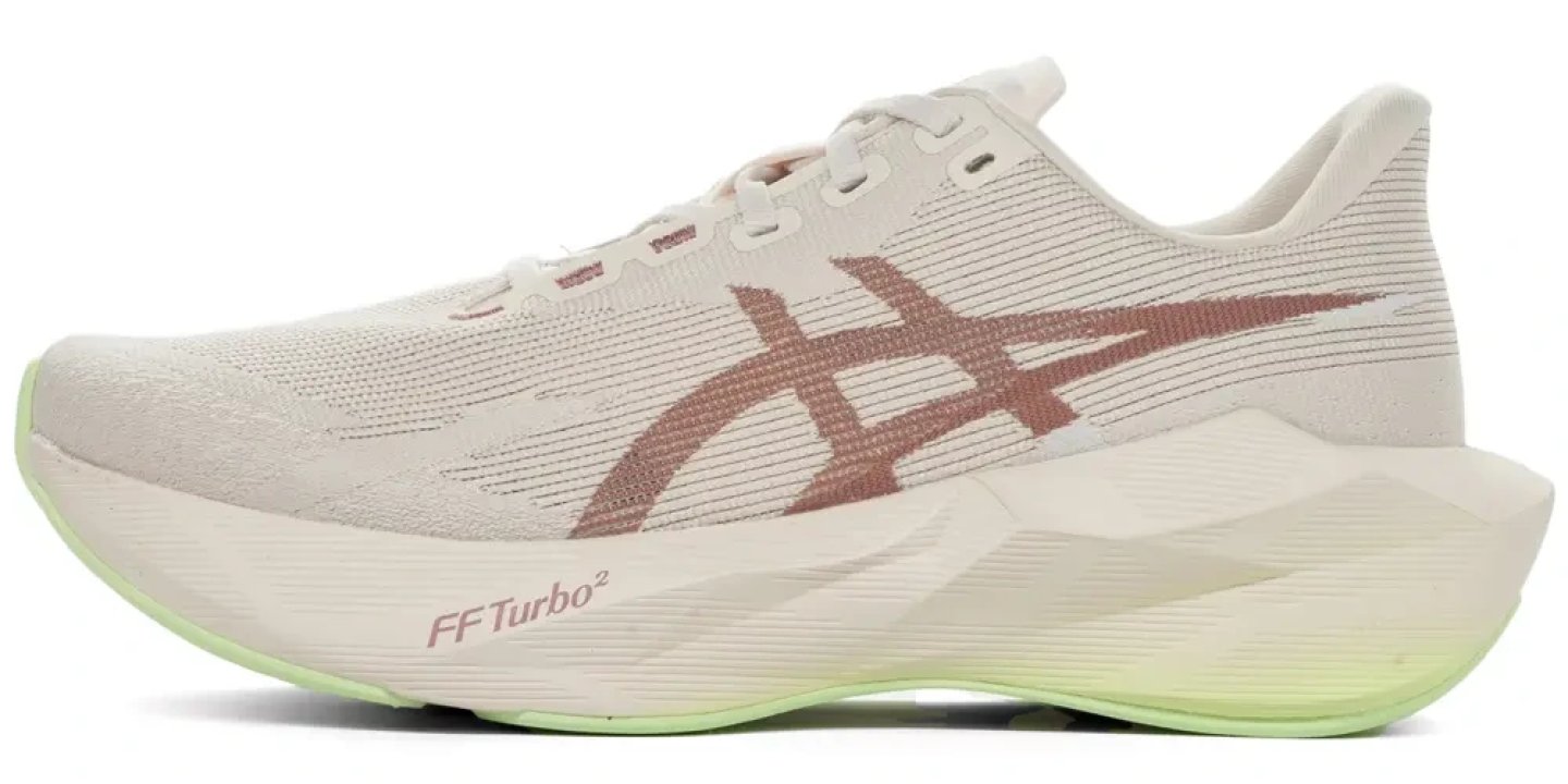 ASICS Novablast 6 running shoe in cream and rose taupe with FF Turbo² midsole and lime green outsole, lateral view