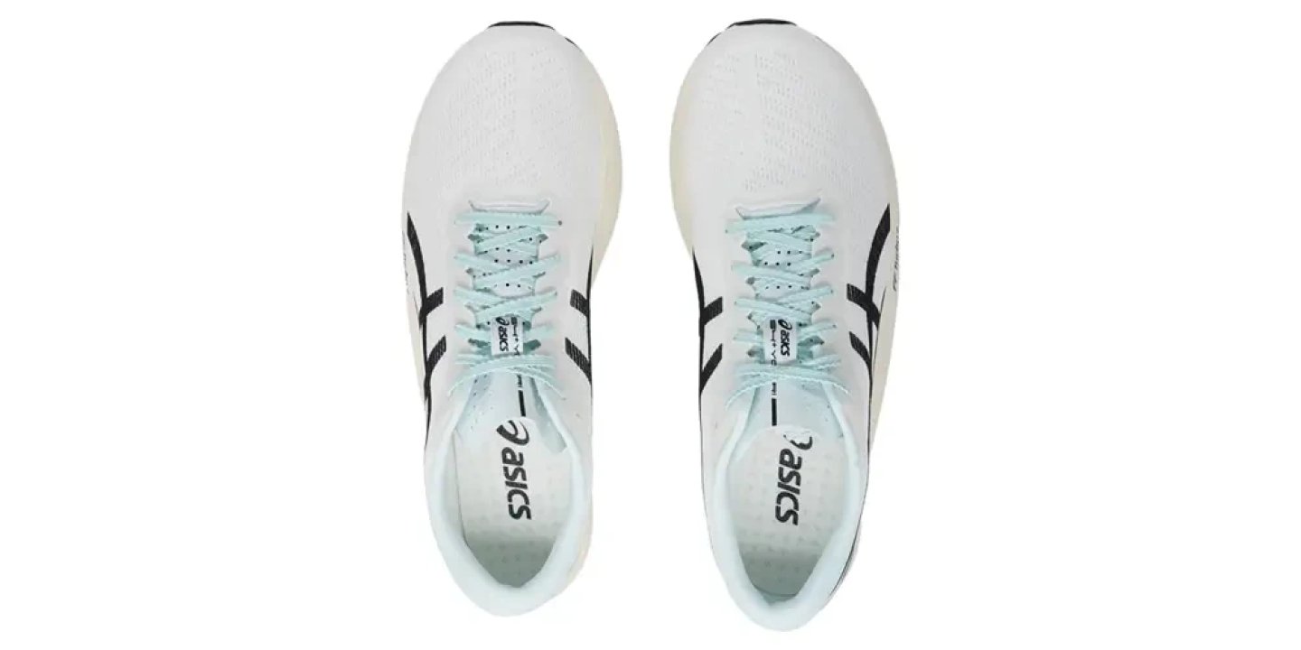 Top-down view of a pair of Asics running shoes in white and mint with black logo detailing and light blue laces