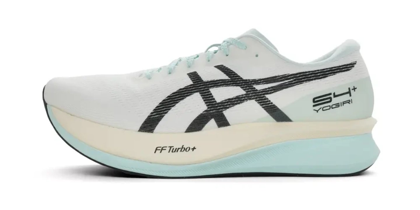 ASICS S4 Yogiri unisex running shoe in white and mint with black ASICS stripes and FF Turbo+ midsole, lateral view