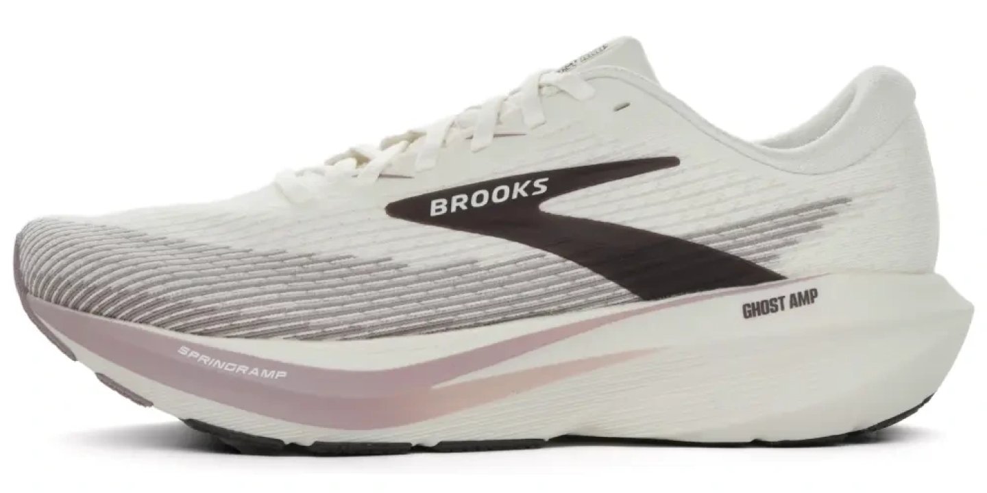 Brooks Ghost AMP women's running shoe in white and pink with SpringAMP midsole, lateral side view