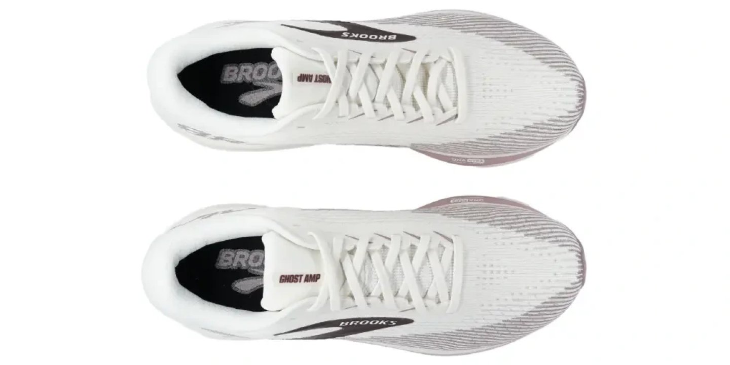 Brooks Ghost AMP running shoes in white shown from above as a pair, displaying knit upper and lace system