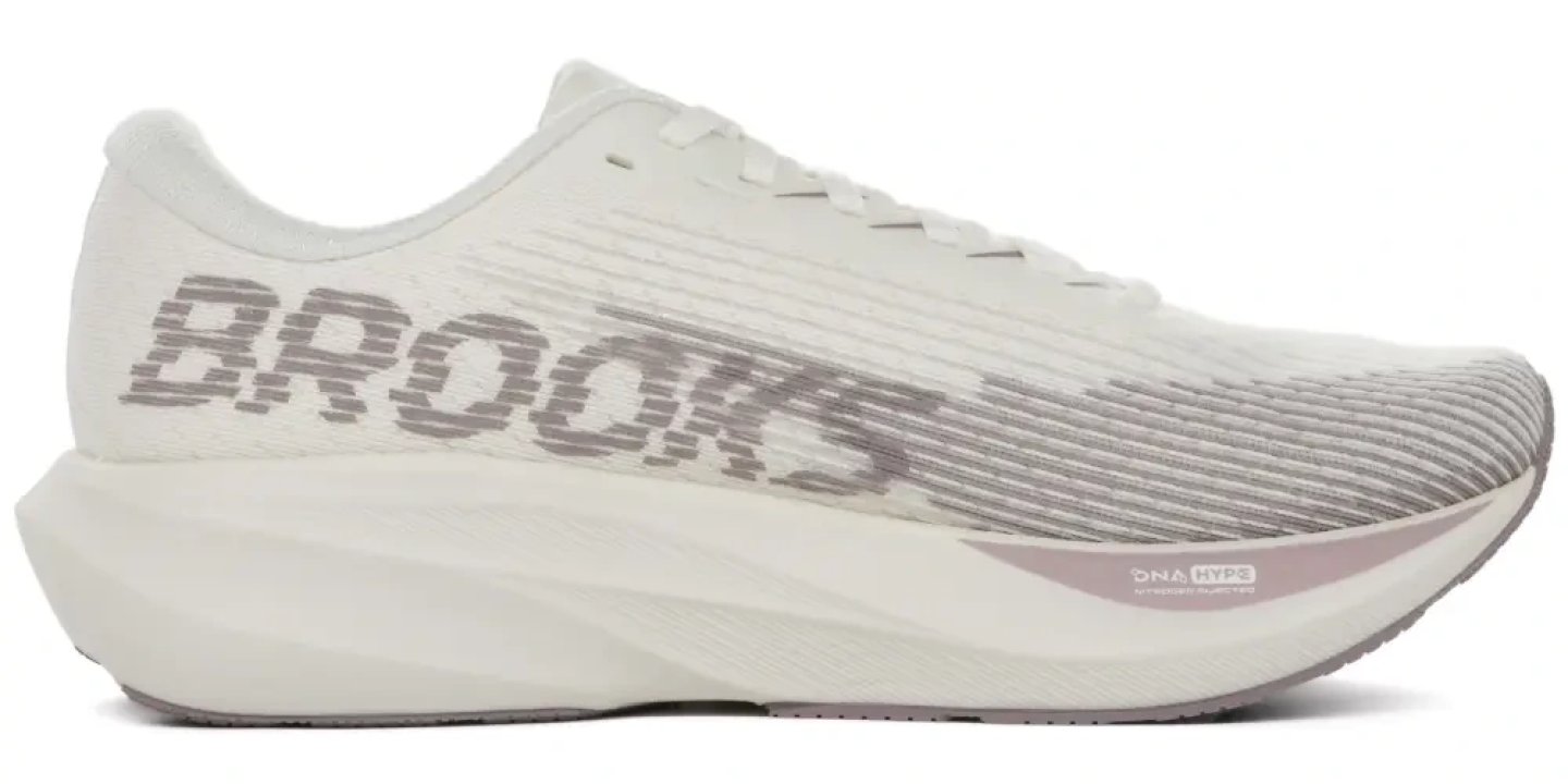 Brooks Ghost AMP running shoe in white with grey Brooks logo and DNA HYPS midsole, lateral view