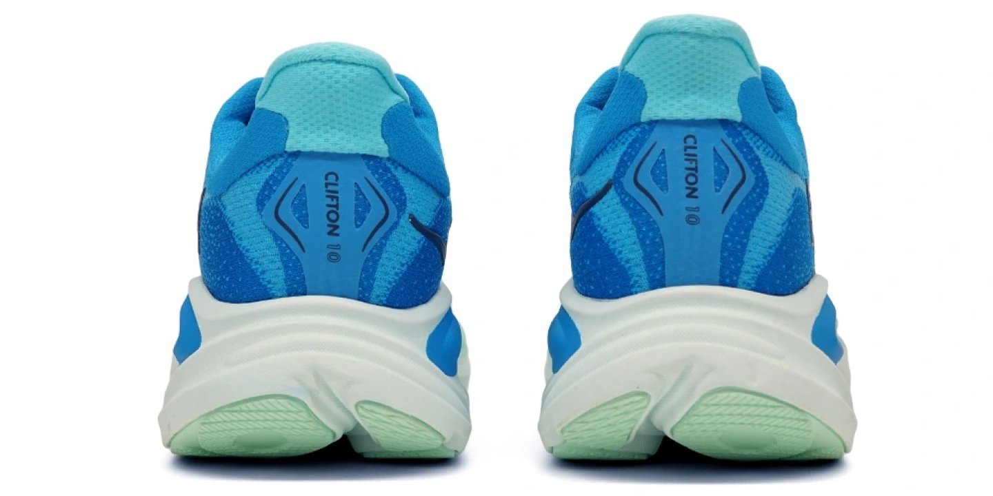 Rear view of two Hoka Clifton 10 running shoes in blue and aqua with a white cushioned midsole