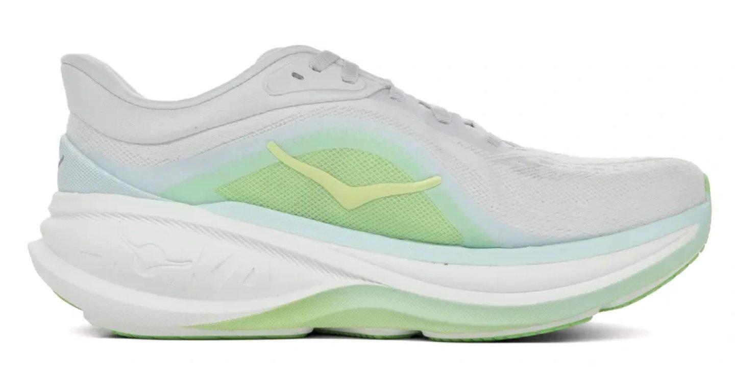Hoka Clifton Pro running shoe in white and lime green, lateral side view on white background