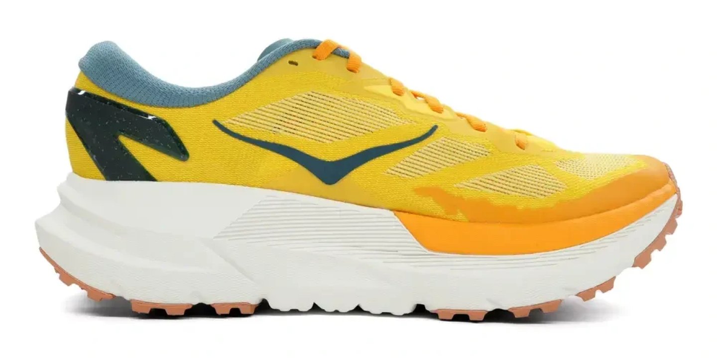 Hoka Mafate X trail running shoe in yellow and orange with white midsole and teal accents, lateral side view