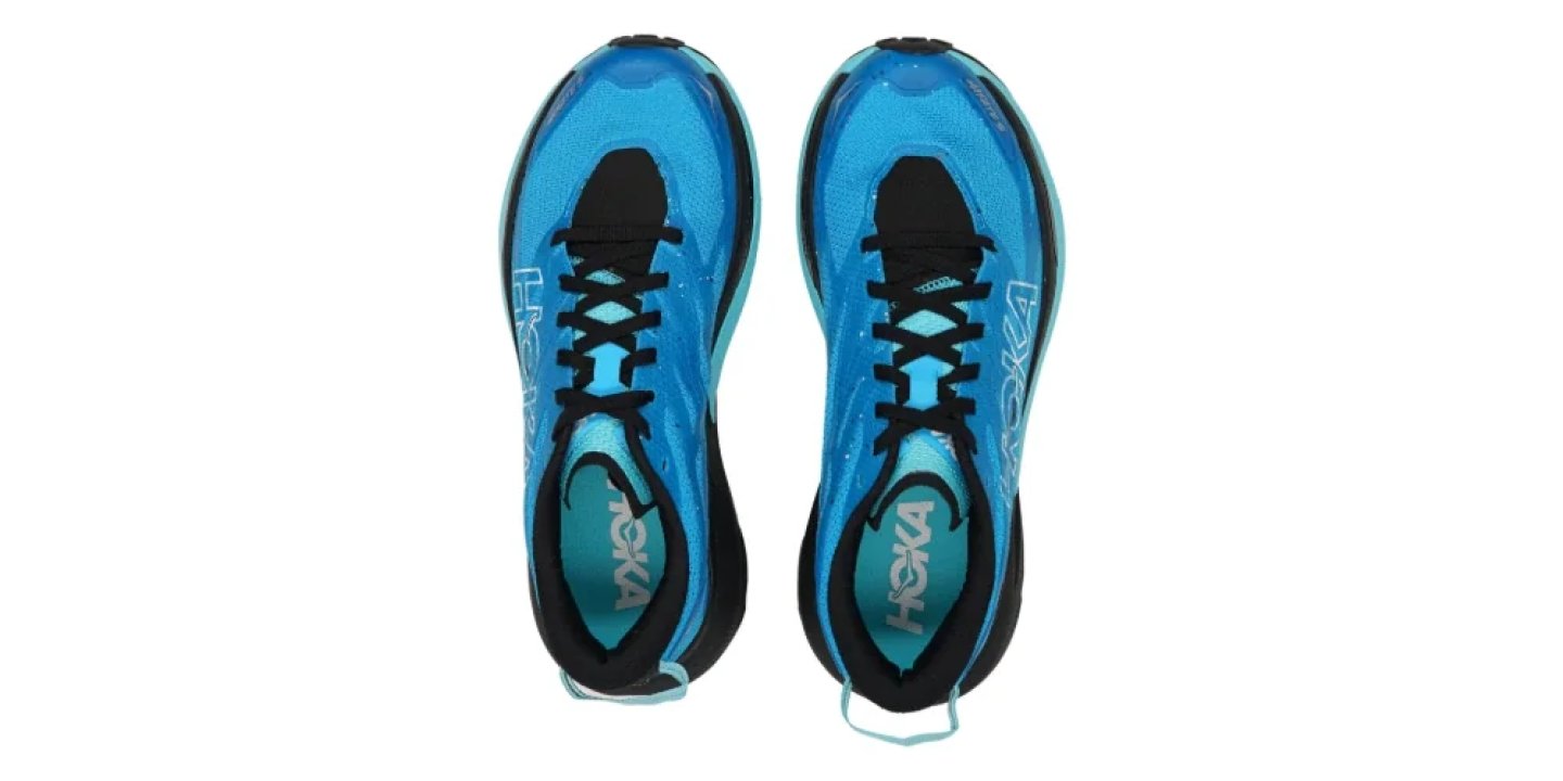 Top view of a pair of Hoka running shoes in blue mesh with black laces and black outsole trim.