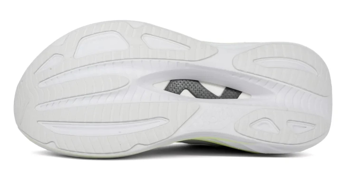 Bottom view of the Hoka Skyward X 2 running shoe outsole showing white rubber traction zones and exposed carbon fibre plate at midfoot.
