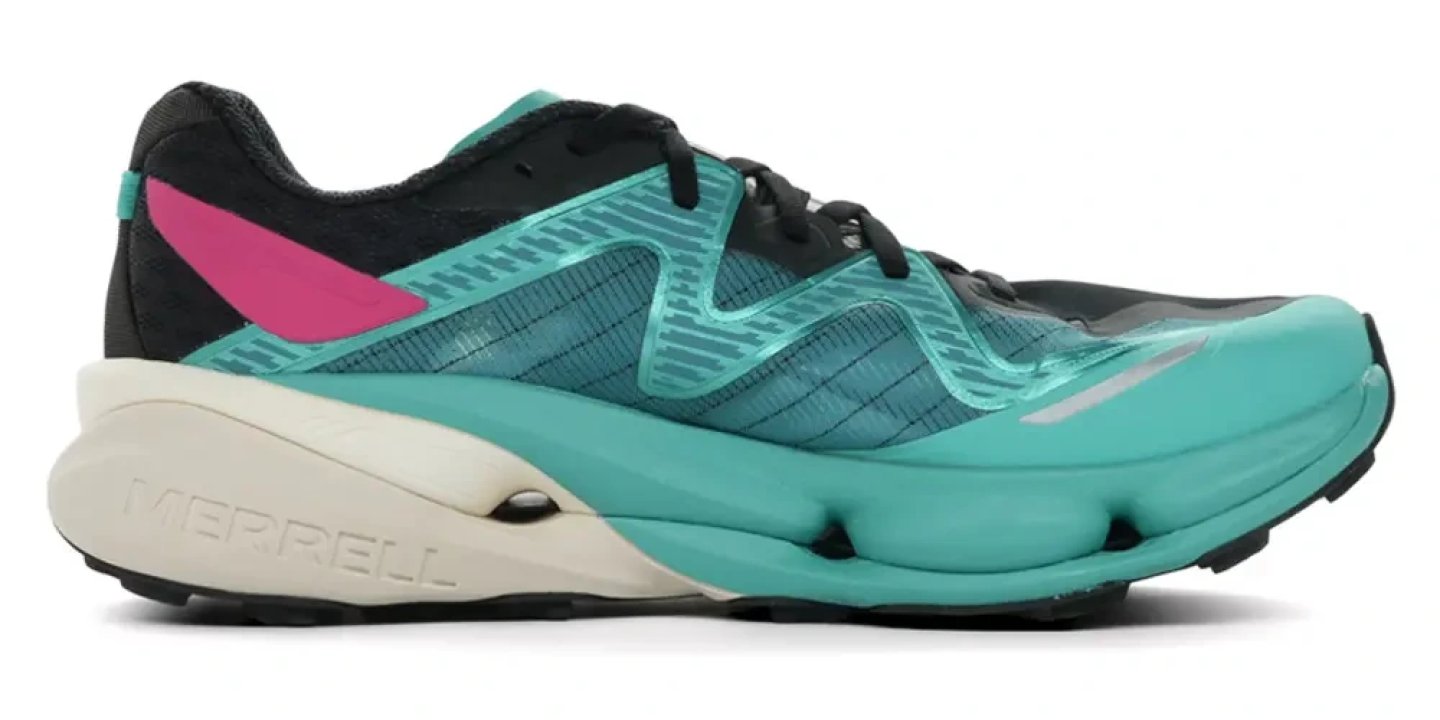 Merrell SpeedArc Peak trail running shoe in teal, black and pink with chunky cream midsole, lateral view
