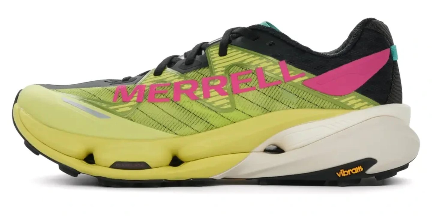 Merrell SpeedArc Peak trail running shoe in lime yellow and black with pink branding and Vibram outsole, lateral view