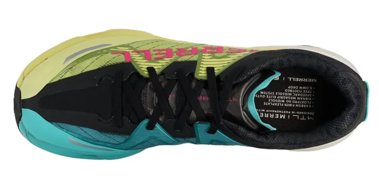 Top-down view of Merrell SpeedArc Peak trail running shoe in lime green, black and teal colourway