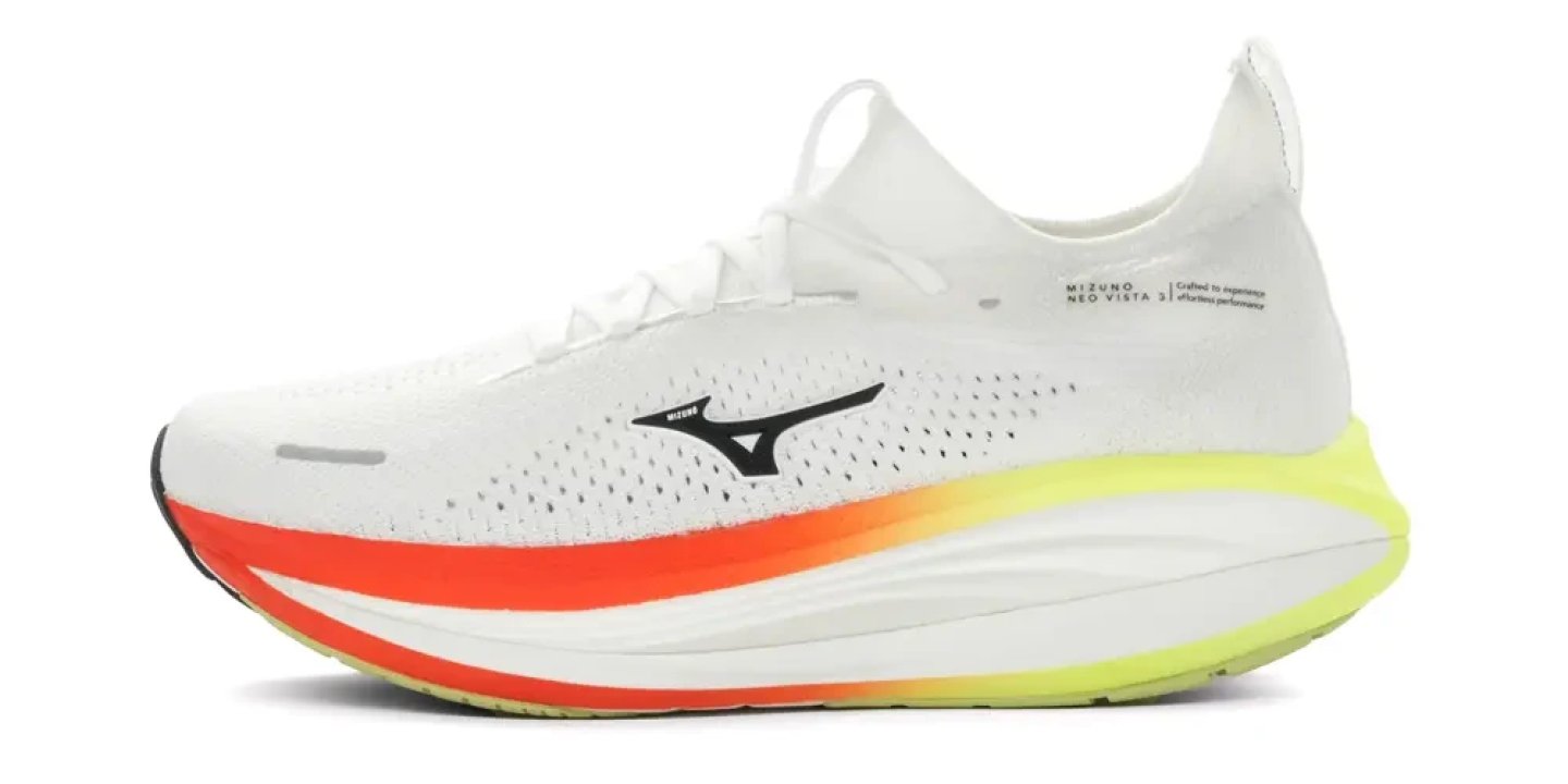 Mizuno Neo Vista 3 running shoe in white with red-to-yellow gradient midsole, lateral side view on white background.