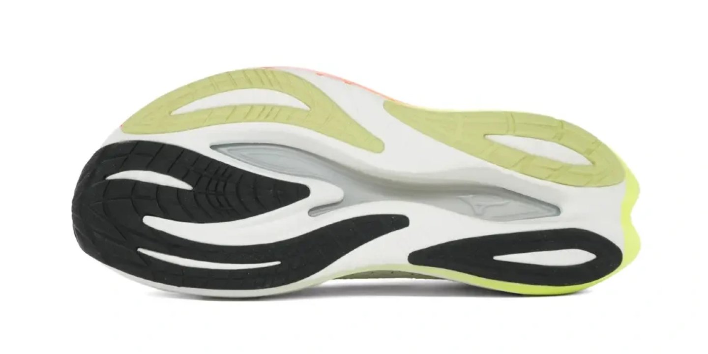 Bottom view of the Mizuno Neo Vista 3 running shoe outsole showing black rubber traction zones, white midsole foam and lime green heel