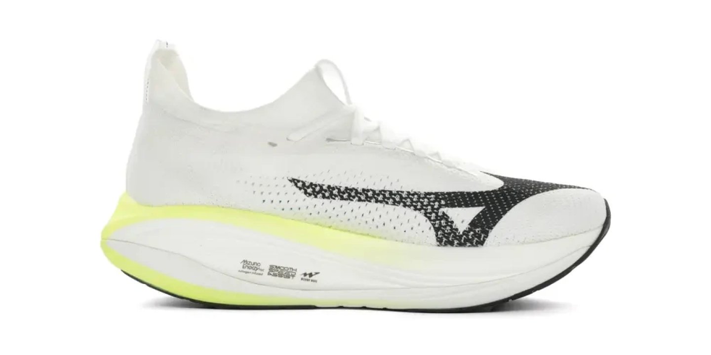 Mizuno Neo Vista 3 running shoe in white with black logo and neon yellow midsole, lateral view