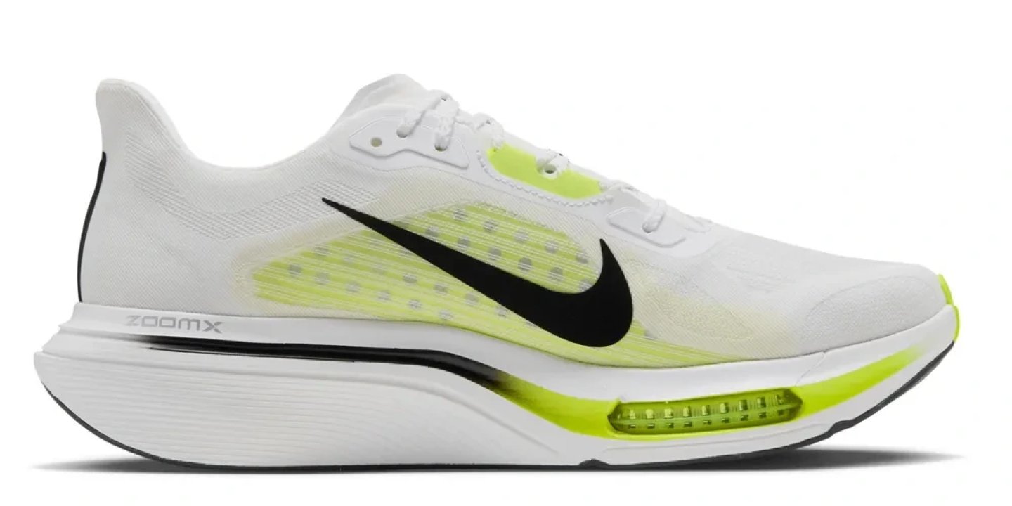 Nike Pegasus Plus 2 running shoe in white and volt colourway with black Swoosh and ZoomX midsole, lateral view.