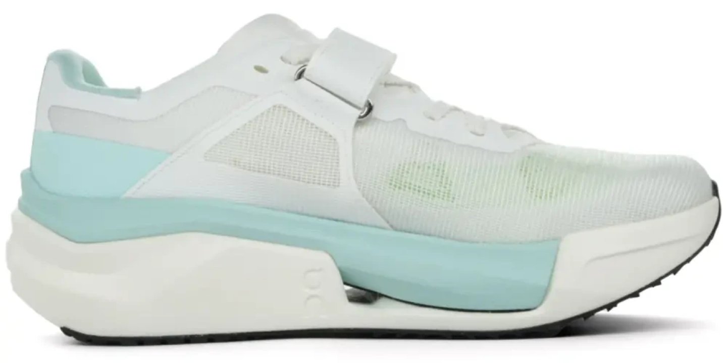 On Cloud X Tempo Pro running shoe lateral view, white and mint colourway with mesh upper and chunky white midsole