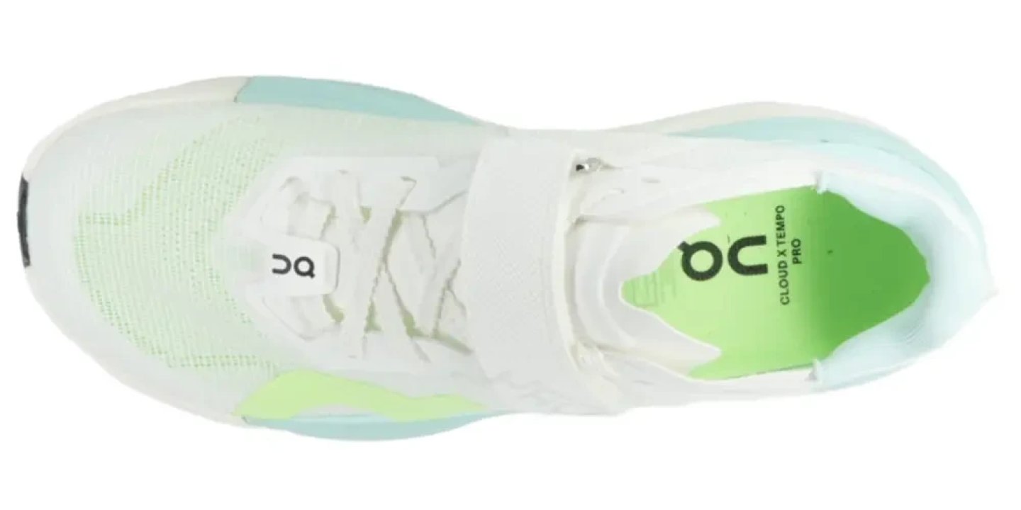 Top view of the On Cloud X Tempo Pro running shoe with white knit upper, mint toe cap, lime green insole and lace strap detail