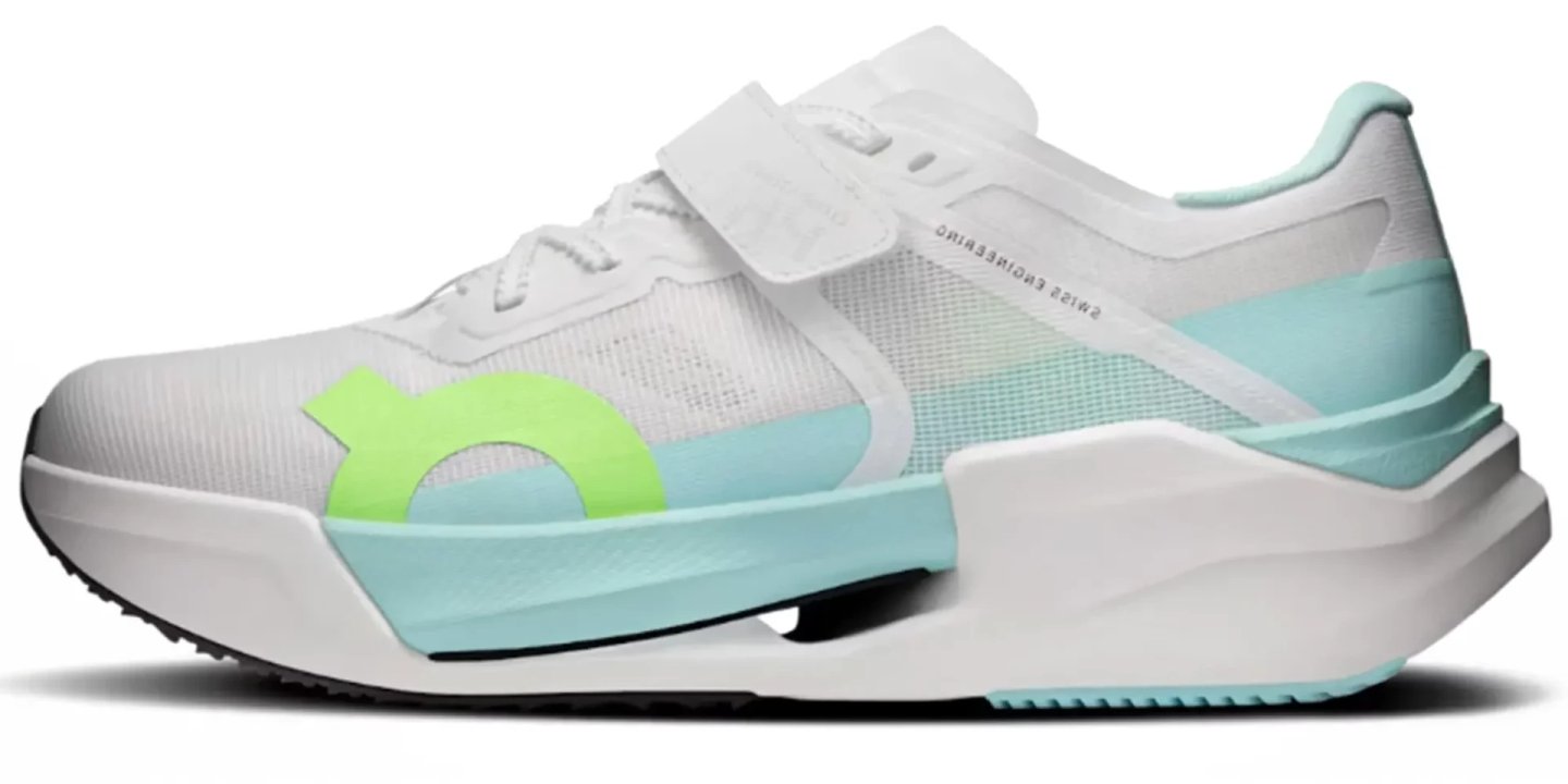 On Cloud X Tempo Pro running shoe in white, mint blue and neon green with velcro strap and chunky midsole, lateral view