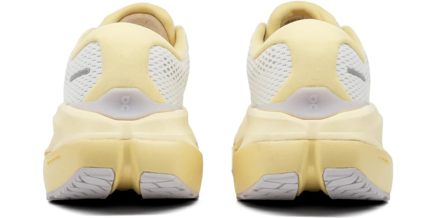 On Cloudrunner 3 Max running shoes rear view, white engineered mesh upper with soft vanilla yellow midsole and heel collar