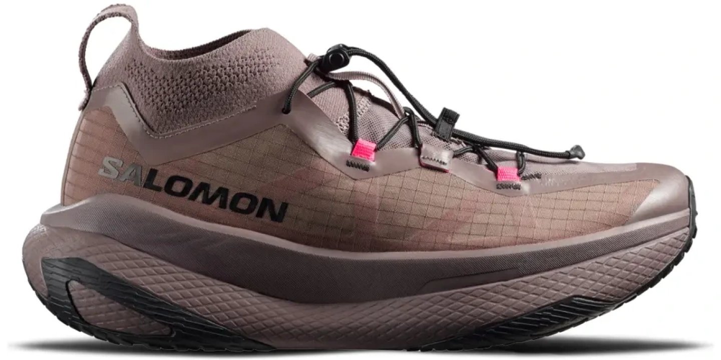 Salomon GRVL Concept running shoe in mauve-brown with black midsole, pink lace accents, and knit collar, side profile view.