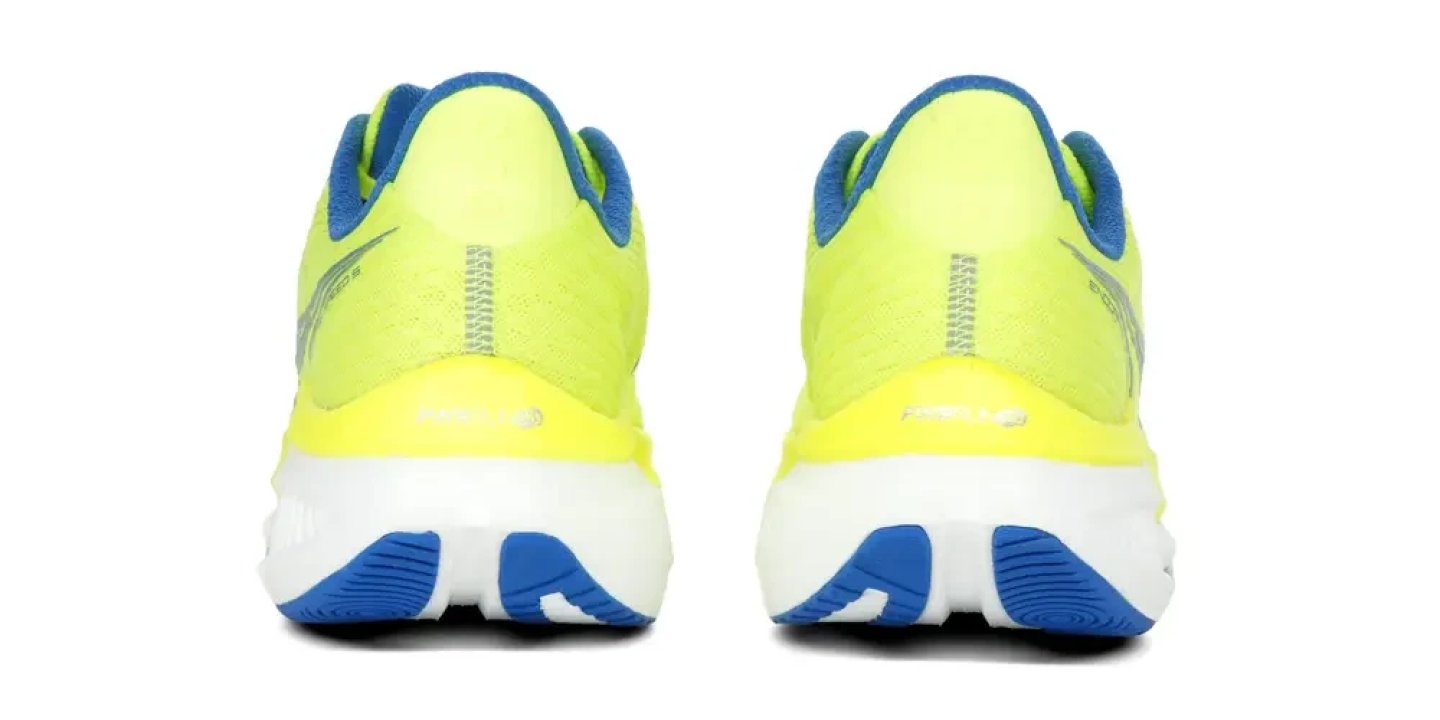 Rear view of Saucony Endorphin 5 running shoes in lime yellow and blue with white PWRRUN midsole