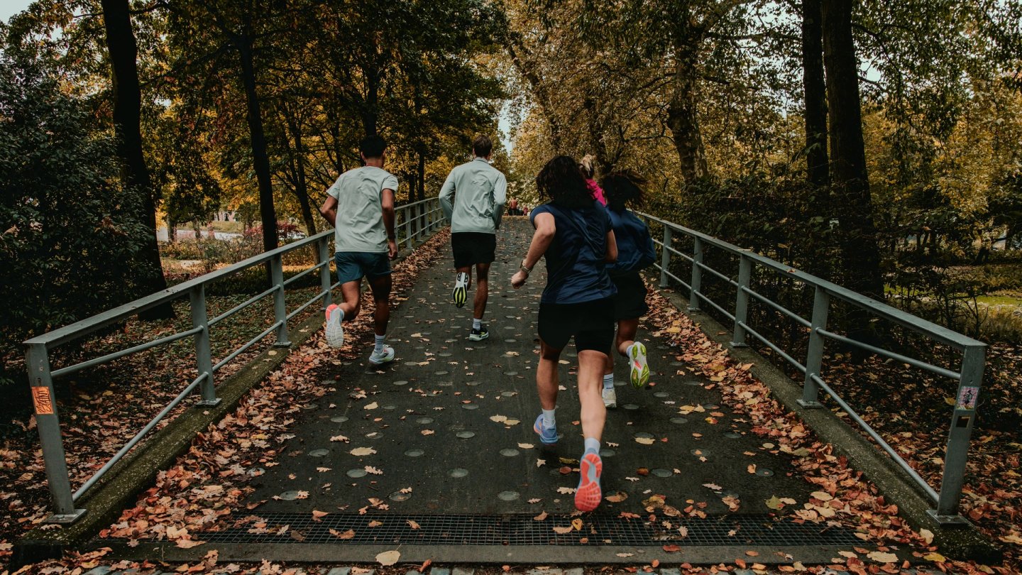 Group of four runners wearing Brooks shoes crossing a concrete bridge lined with autumn leaves in a tree-lined park.