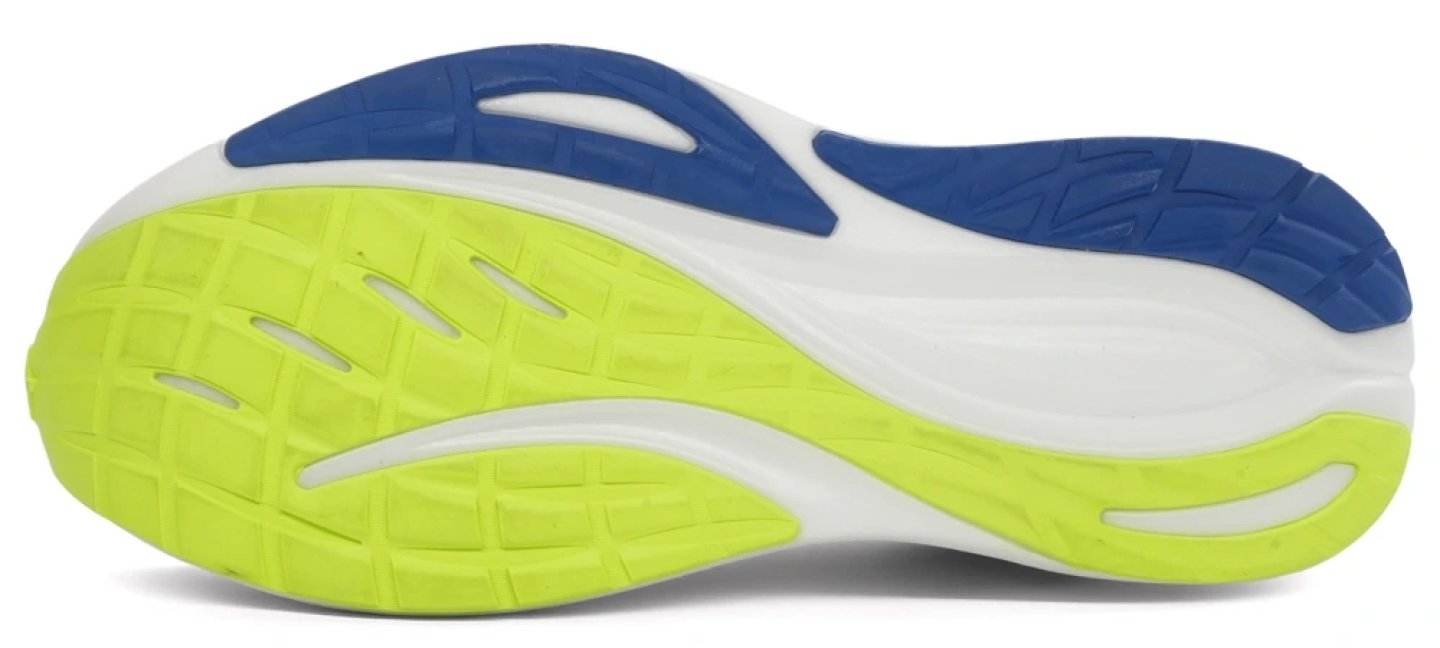 Bottom view of the Mizuno Neo Zen 2 running shoe outsole showing yellow and blue rubber zones and flex grooves