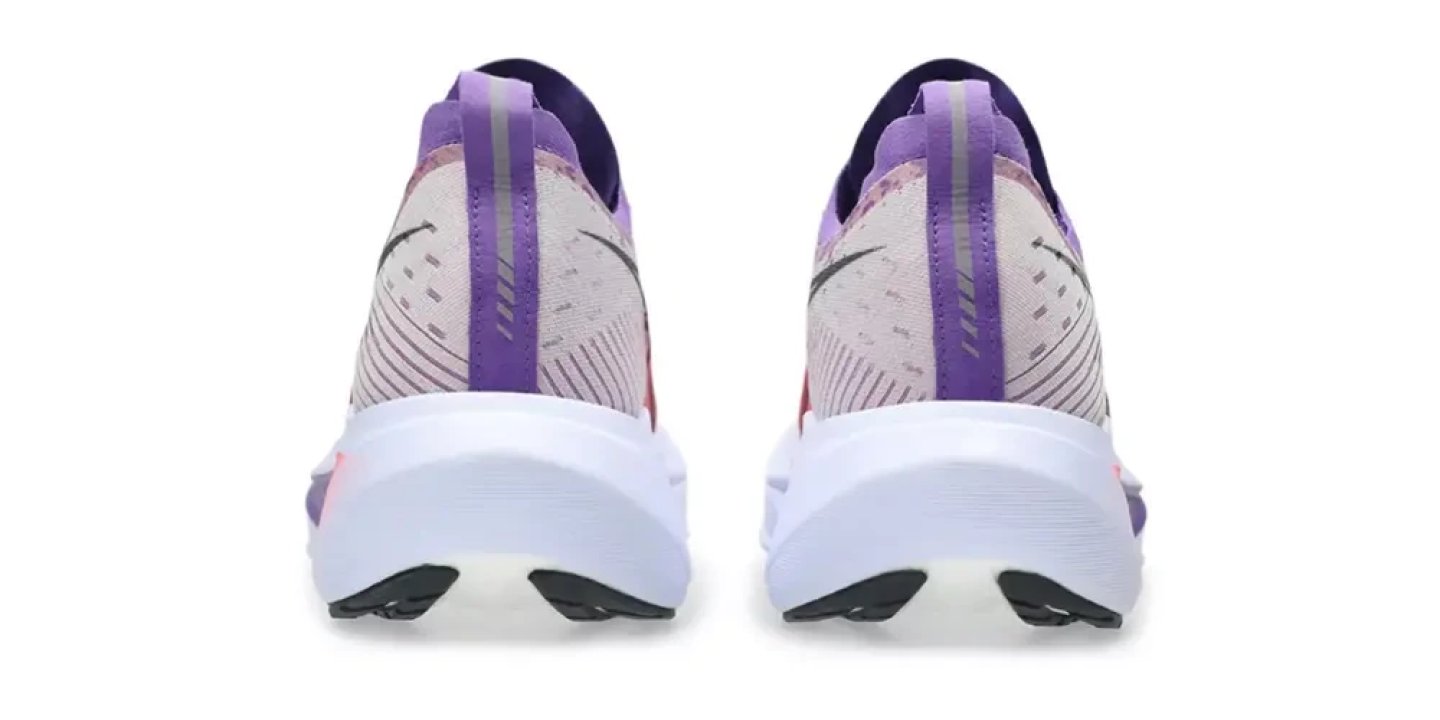 Rear view of a pair of Asics running shoes with purple and pink knit upper and white cushioned midsole