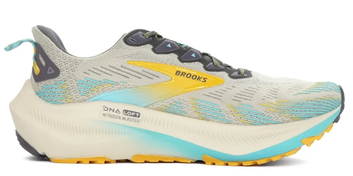Brooks Cascadia trail running shoe in grey with teal and gold accents, DNA LOFT Nitrogen Injected midsole, lateral view