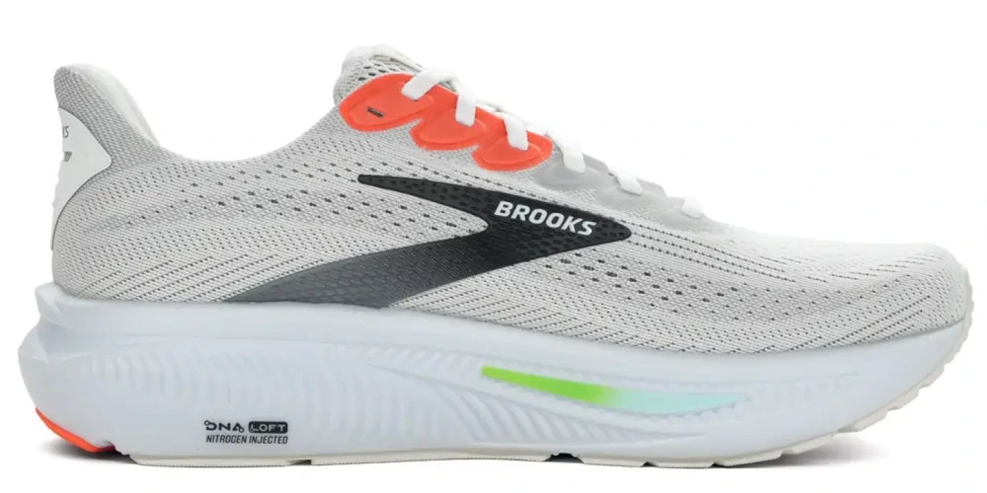 Brooks Ghost 17 running shoe in white and grey with orange accents and DNA LOFT Nitrogen Injected midsole, lateral view