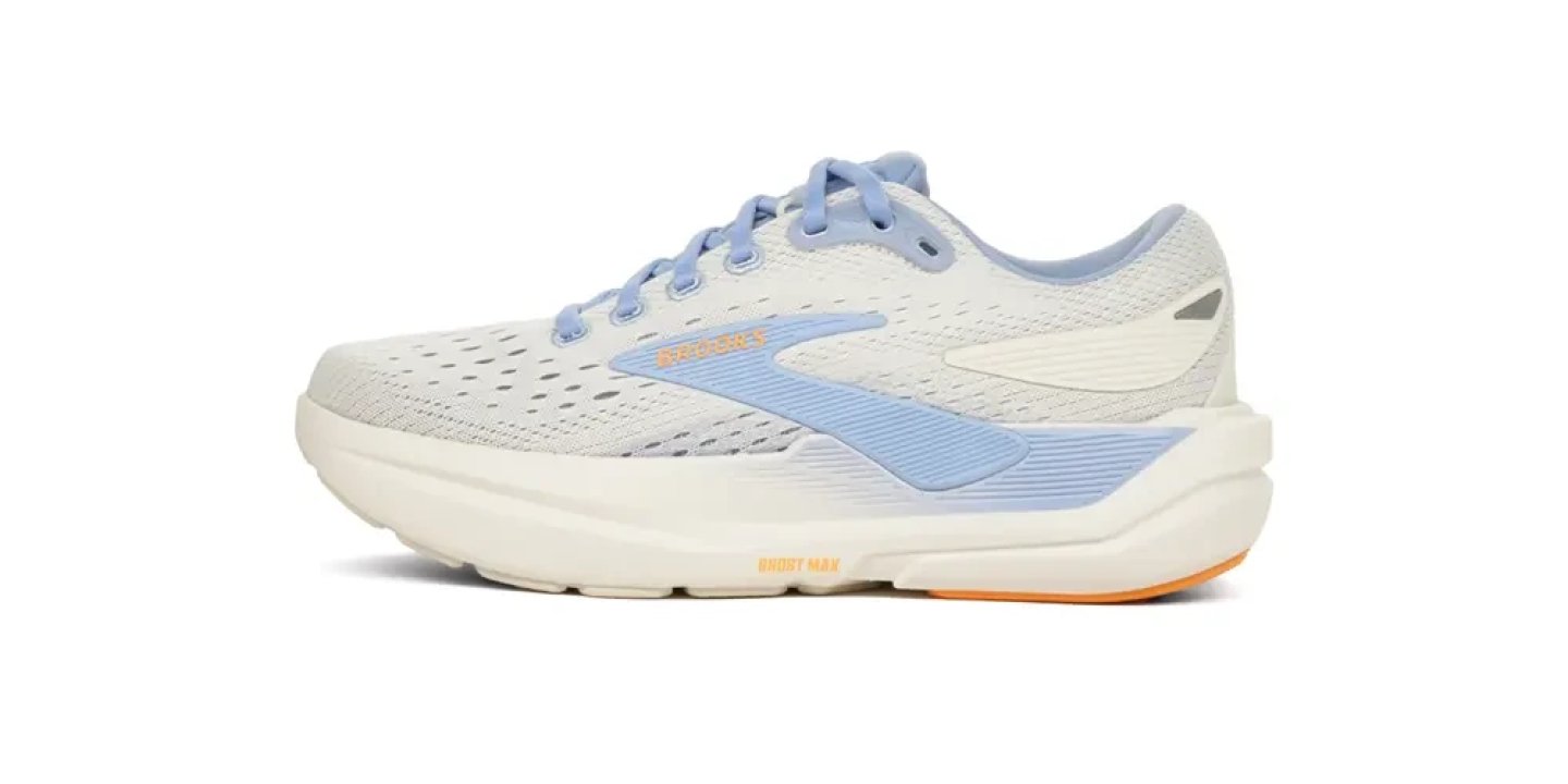 Brooks Ghost 3 women's running shoe in white and periwinkle blue with orange Ghost Max midsole branding, lateral view
