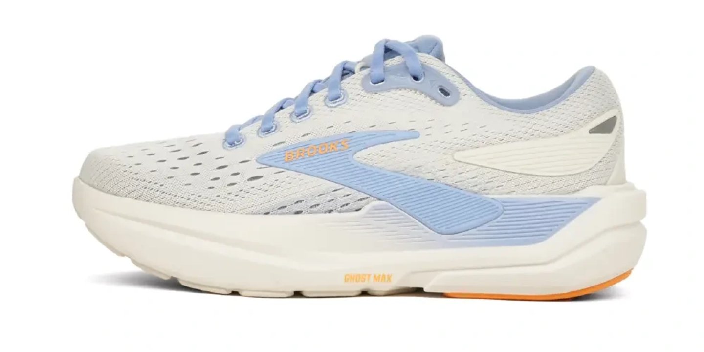 Brooks Ghost Max 3 women's running shoe in white and cornflower blue with orange accent midsole lettering, lateral view
