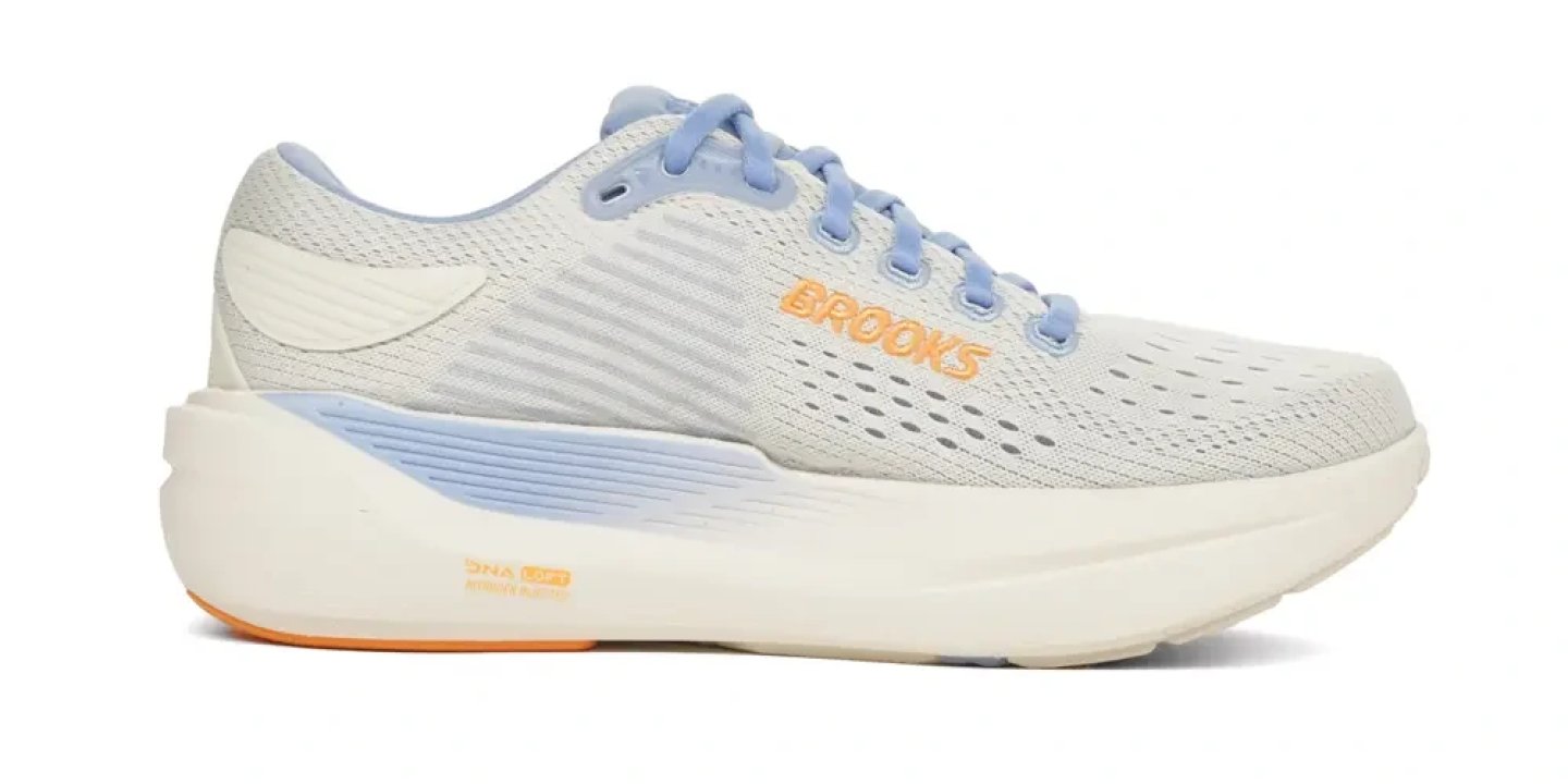 Brooks Ghost Max 3 women's running shoe in light grey and blue with orange branding and DNA LOFT midsole, lateral view