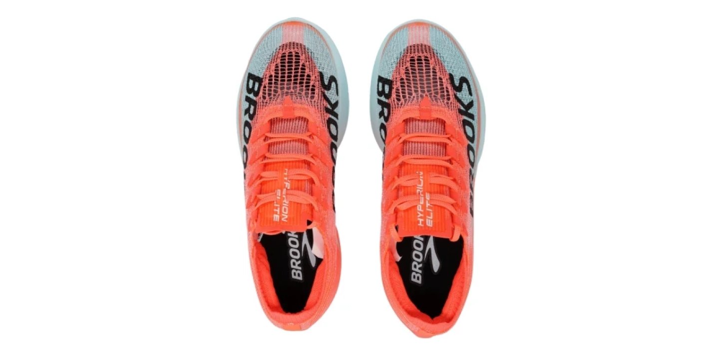 Top view of Brooks Hyperion Elite 6 running shoes in coral orange and light blue with mesh upper and branded lacing