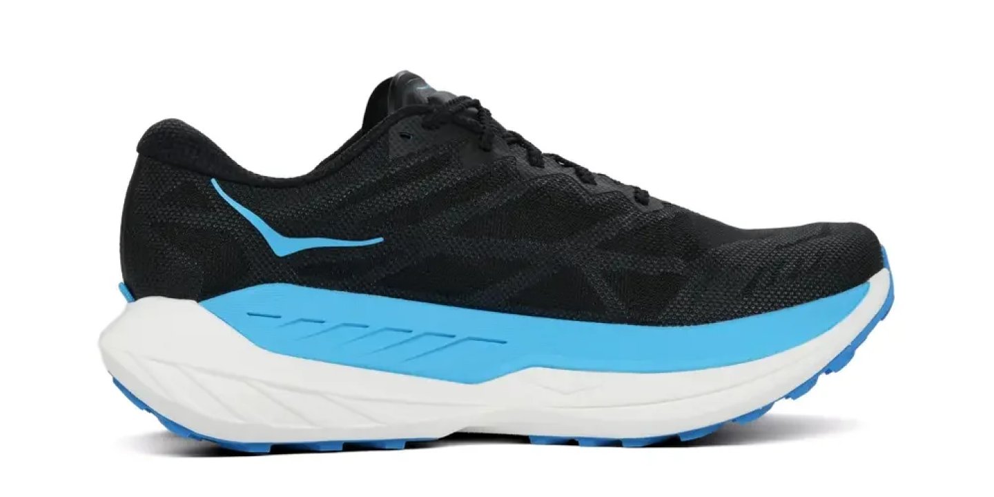 Men's black mesh running shoe with blue accents and a thick white and blue cushioned midsole, lateral view.