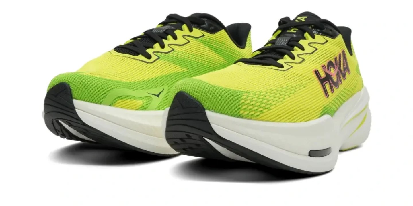 Pair of Hoka Mach 3 running shoes in yellow-green gradient mesh with white midsole and black outsole
