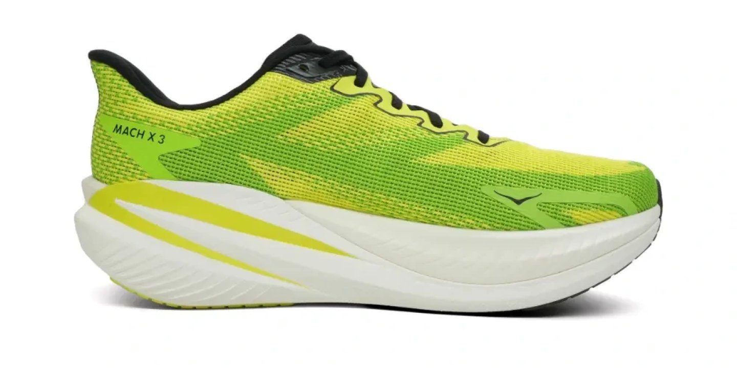 Hoka Mach X 3 running shoe in lime green and yellow with white midsole, lateral side view