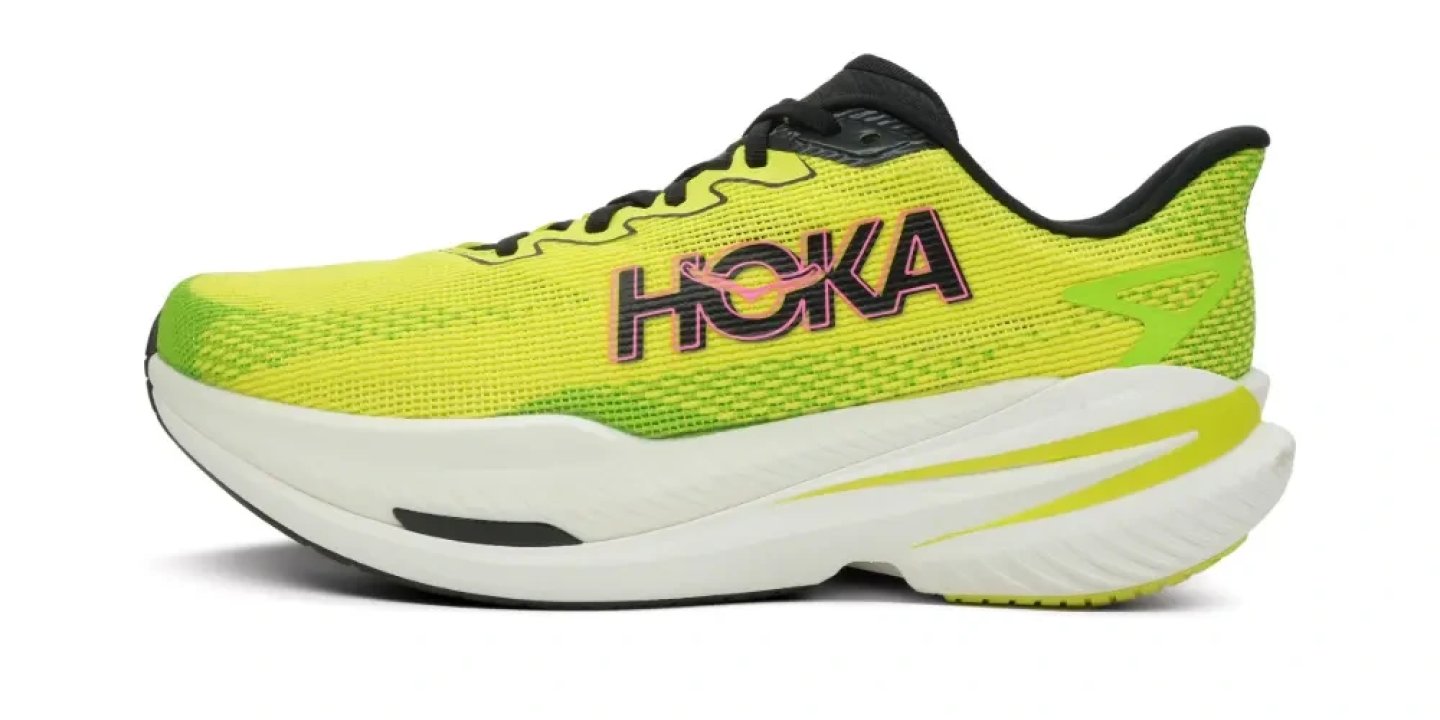 Hoka Mach X 3 running shoe in citrus yellow and black with white midsole, lateral side view