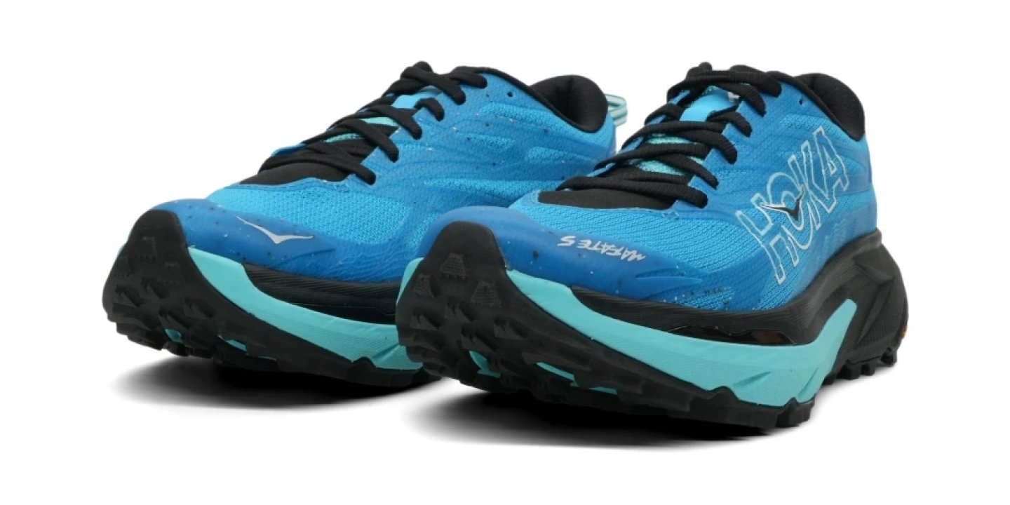 Pair of Hoka Mafate 5 trail running shoes in blue and black with aggressive lug outsole