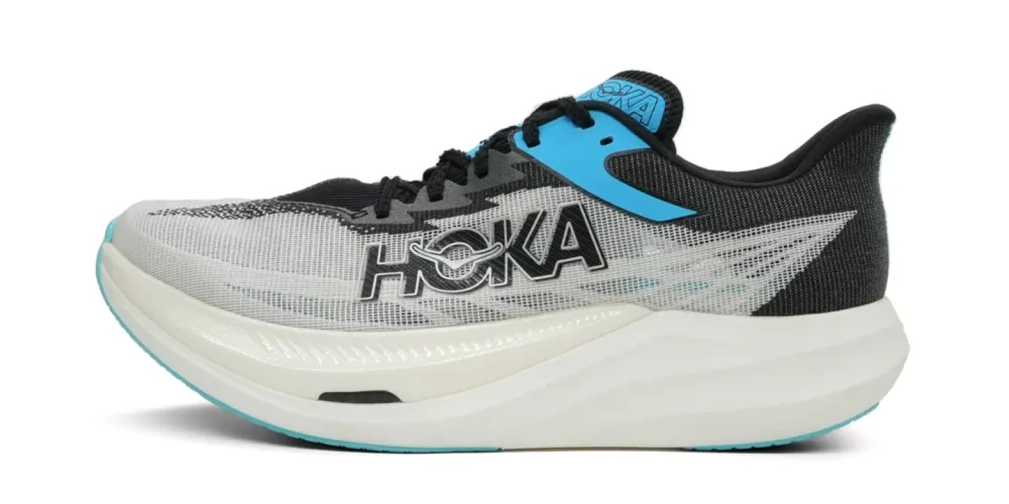 Hoka Rocket X 3 running shoe in white, black and cyan blue, lateral side view on white background