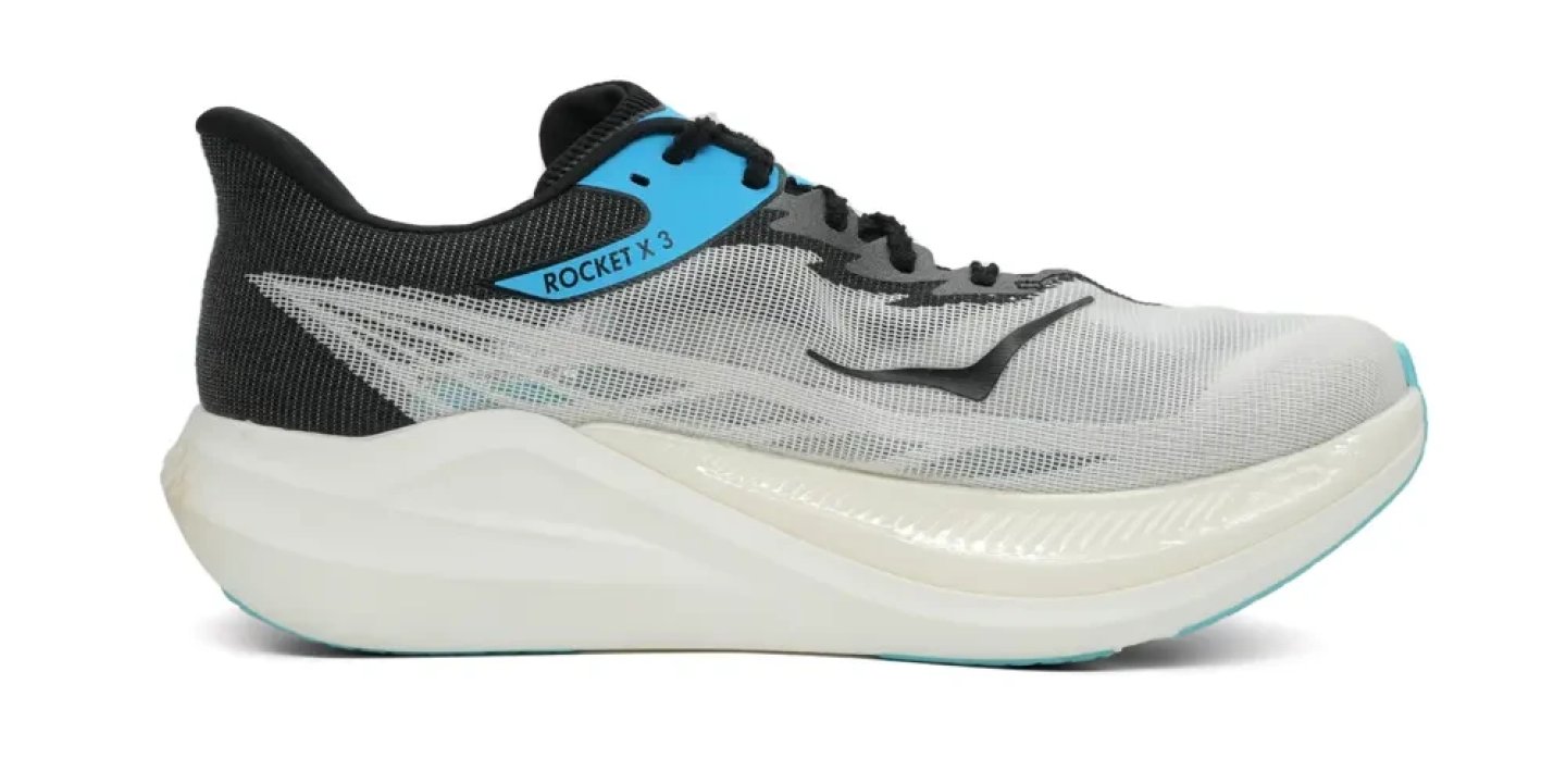 Hoka Rocket X 3 running shoe in white, black, and cyan blue, lateral side view on white background