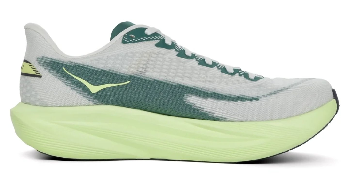 Hoka running shoe in white and teal mesh upper with lime-green cushioned midsole, lateral side view.
