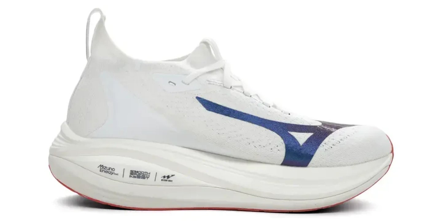 Mizuno Wave Rebellion Pro 2 running shoe in white and blue colorway, lateral side view on white background