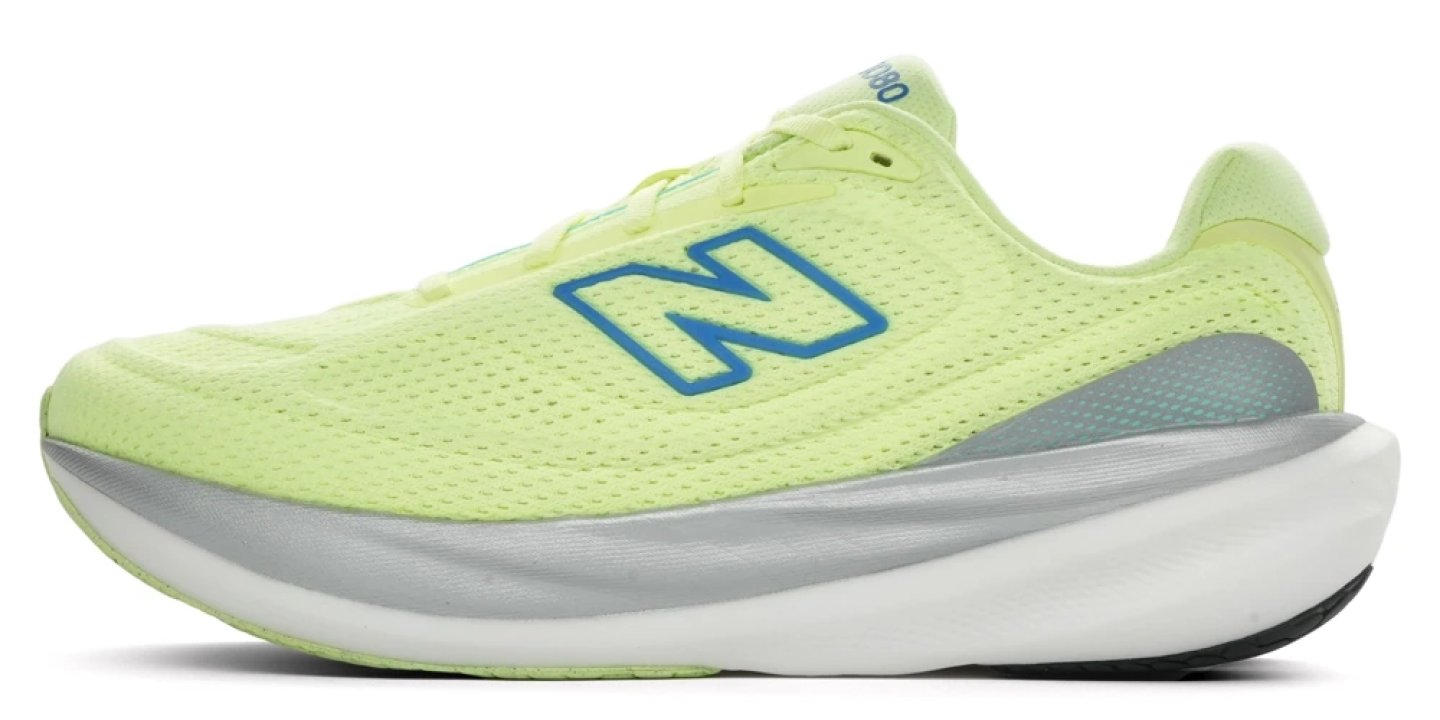 New Balance 1080 v15 running shoe in lime green with blue NB logo and thick white midsole, lateral view
