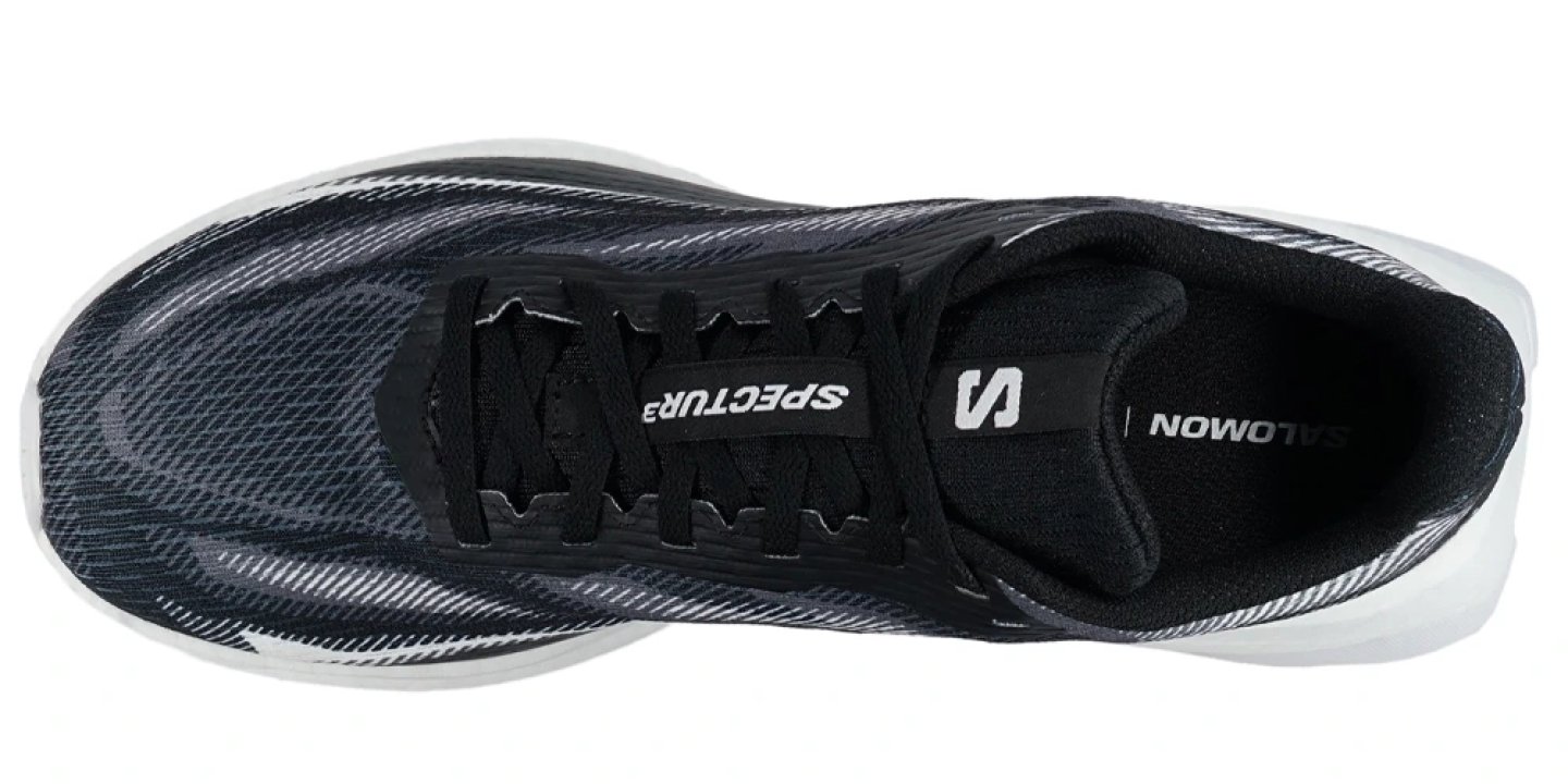Salomon Spectur 3 running shoe seen from above, featuring a black engineered mesh upper with white accents and flat laces