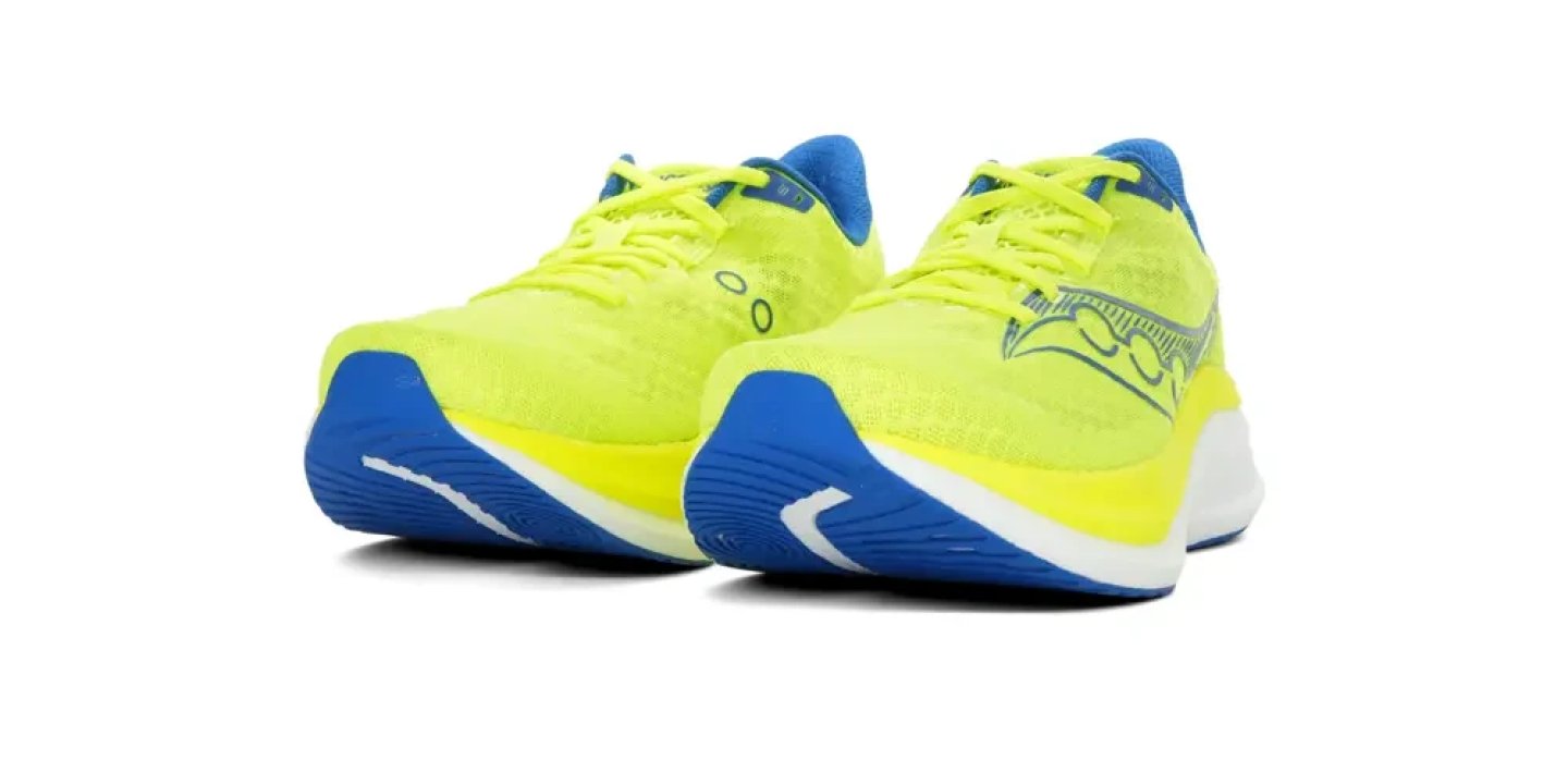 Saucony Endorphin 5 running shoes in neon yellow and blue, shown as a pair from a rear three-quarter angle