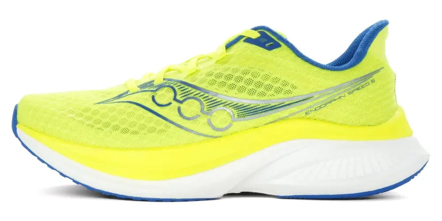 Saucony Endorphin Speed 5 running shoe in citron yellow and blue, lateral side view on white background