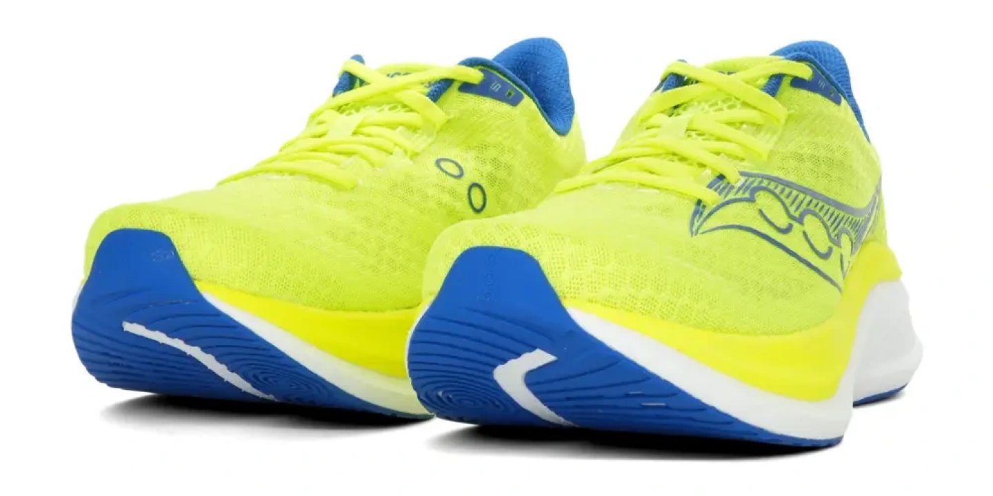 Pair of Saucony Endorphin Speed 5 running shoes in neon citron yellow and royal blue, shown from a rear three-quarter angle